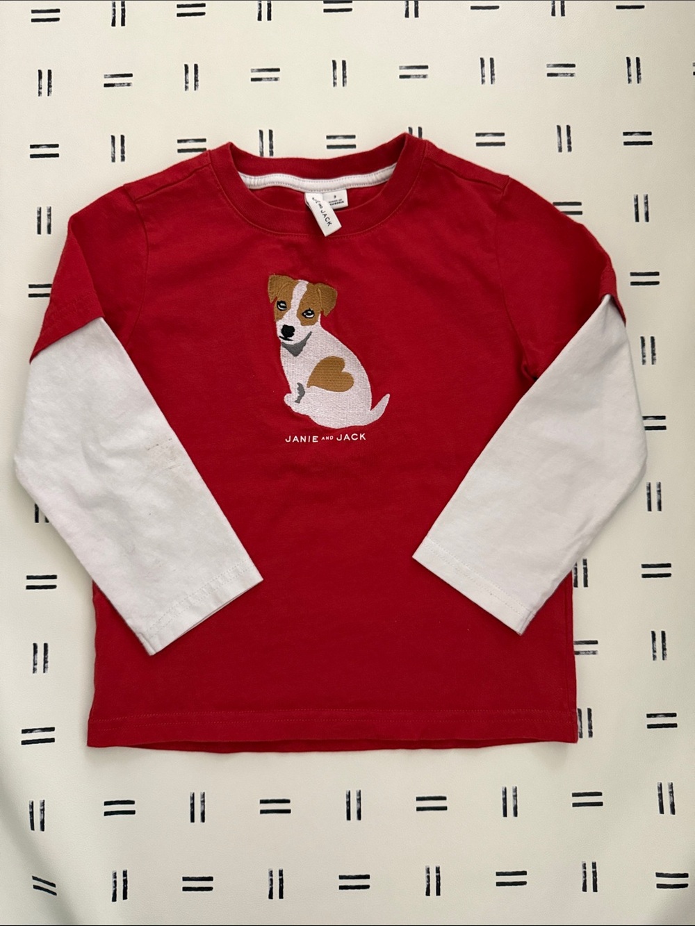 Janie and Jack Red Tee with White Layered-Look Sleeves and Dog Embroidery